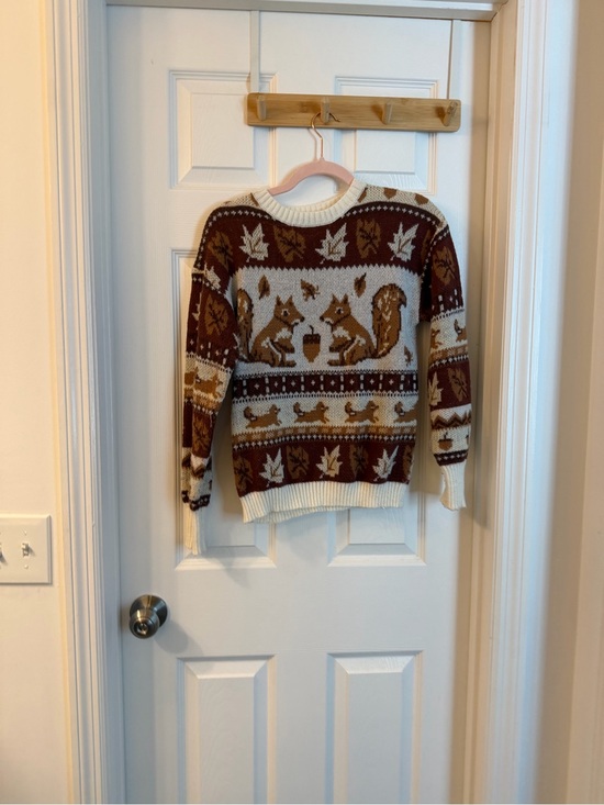 Sweaters - Fox Motif Fair Isle Crewneck Sweater in Brown & Cream